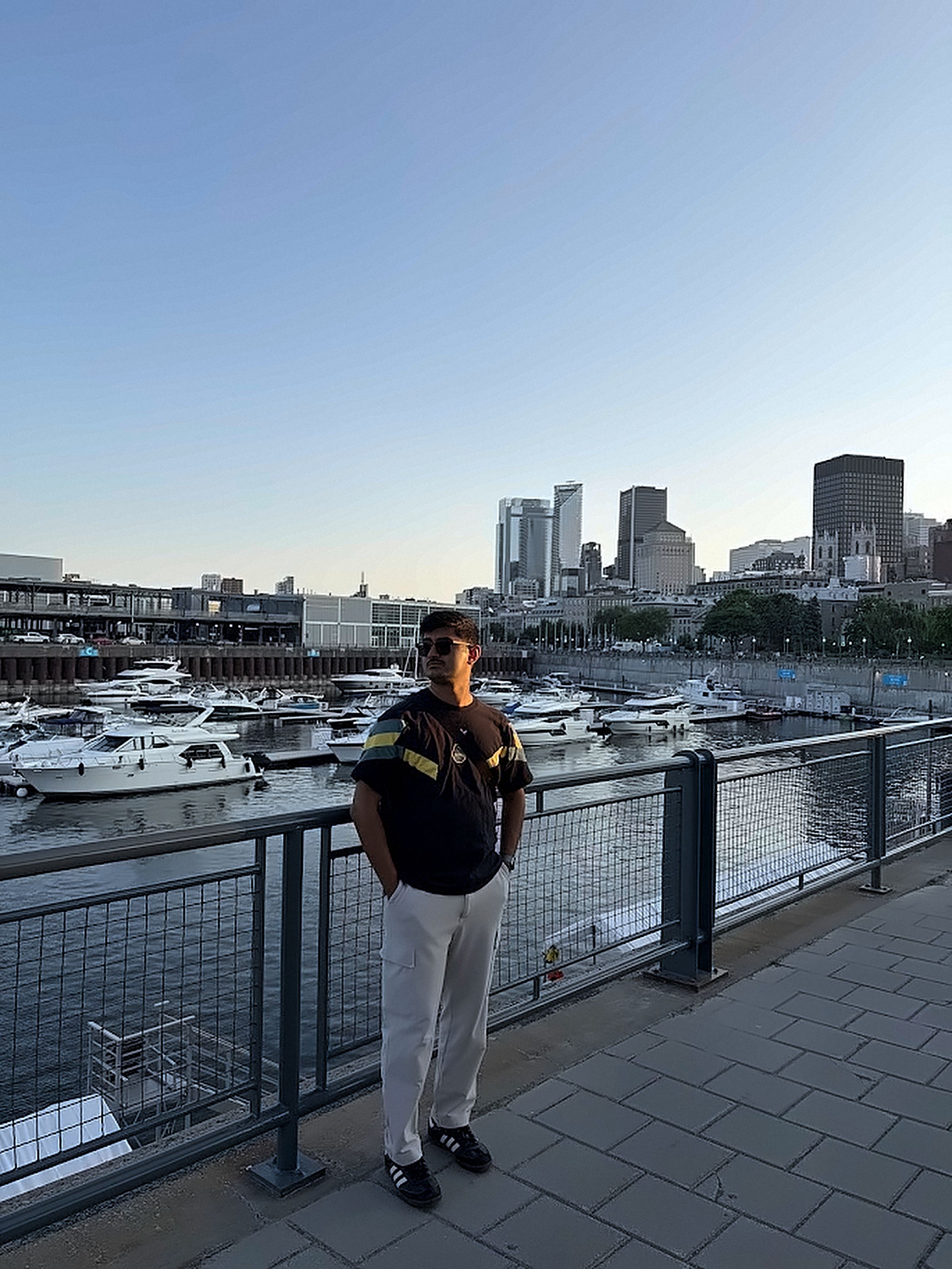 Aneesh Nair by the marina, Old Port Montreal